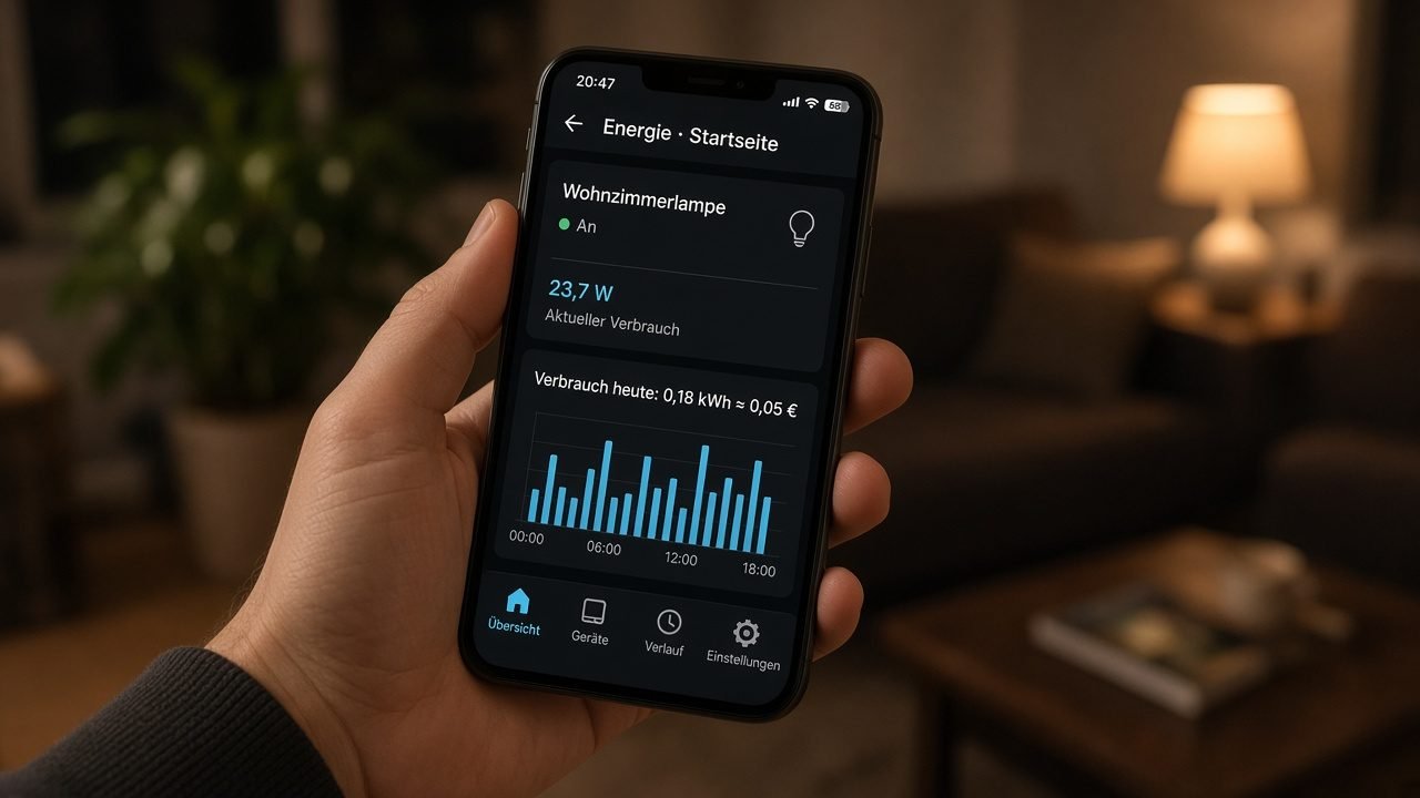 Person prüft am Abend den Stromverbrauch einer Steckdose auf dem Smartphone-Display